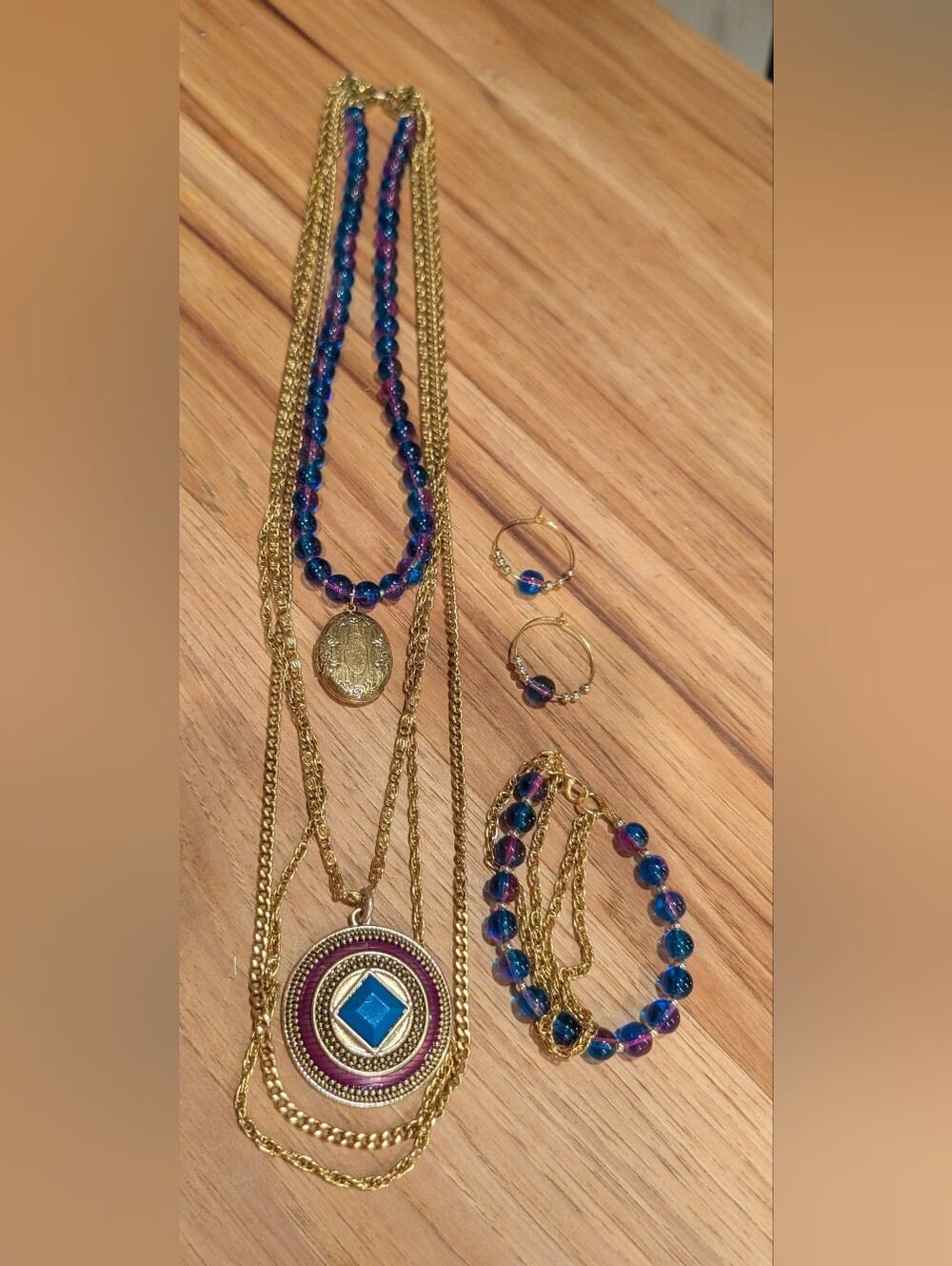 Gold-Tone Jewelry Set with Blue and Purple Accents